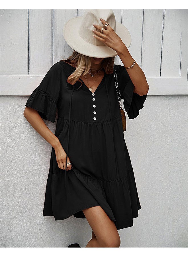 Women's Fashionable Loose Casual Dress Classic V Neck Button Embellished Beach Neckline Lace Up Ruffle Hem A Line