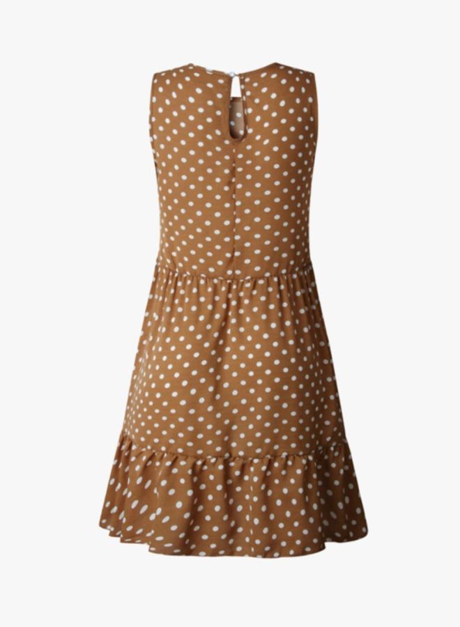 Printed Wave Point Sleeveless Mini Dress Brown/White