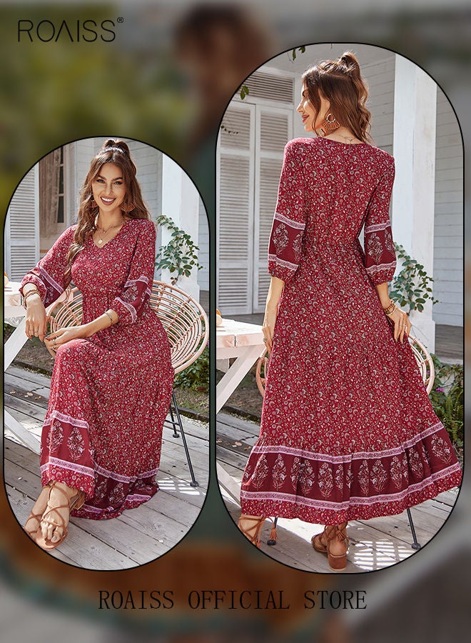 Ladies Dress A-Line Long Sleeves Big Hem Floral Pattern Bohemian Style
