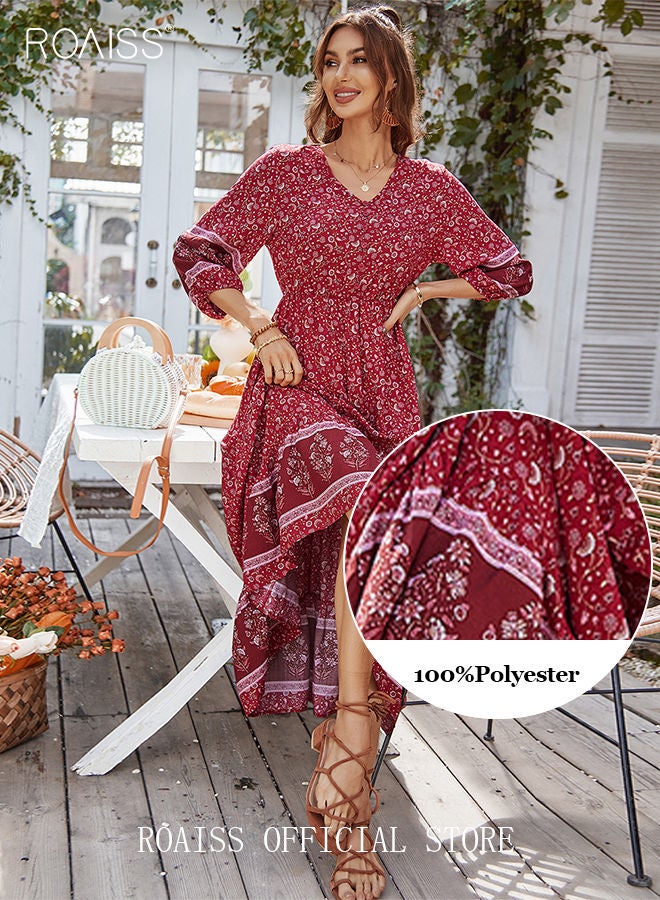 Ladies Dress A-Line Long Sleeves Big Hem Floral Pattern Bohemian Style