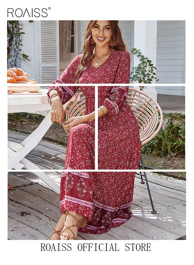 Ladies Dress A-Line Long Sleeves Big Hem Floral Pattern Bohemian Style