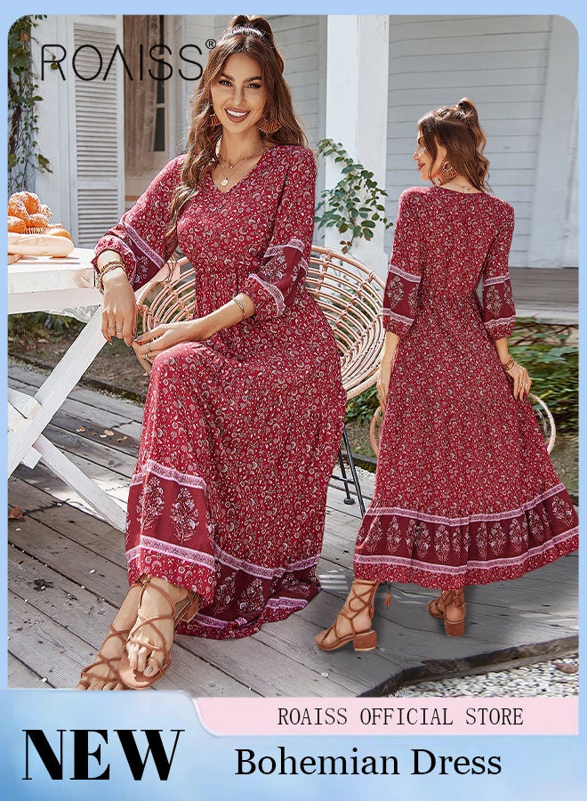 Ladies Dress A-Line Long Sleeves Big Hem Floral Pattern Bohemian Style