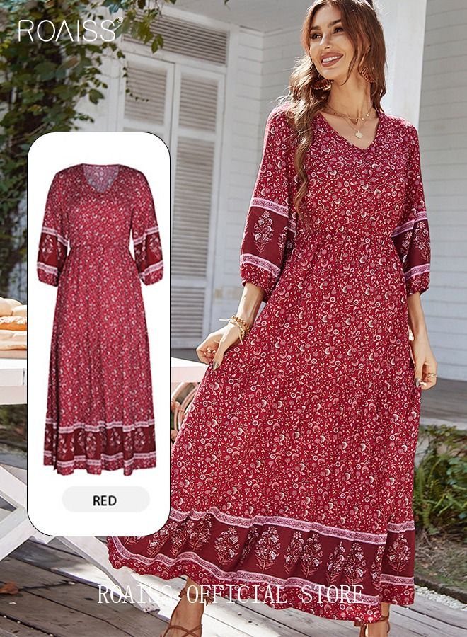 Ladies Dress A-Line Long Sleeves Big Hem Floral Pattern Bohemian Style