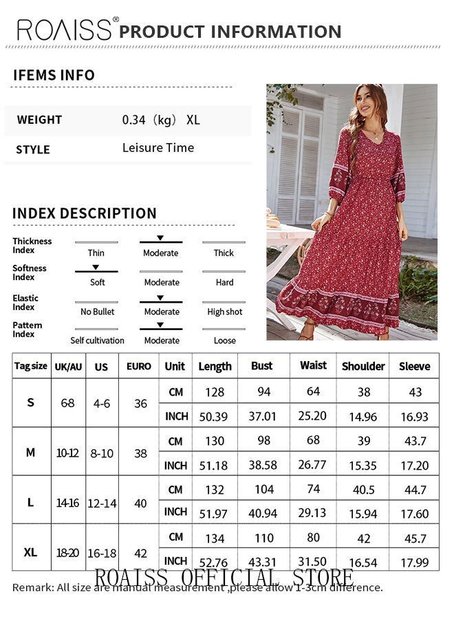Ladies Dress A-Line Long Sleeves Big Hem Floral Pattern Bohemian Style