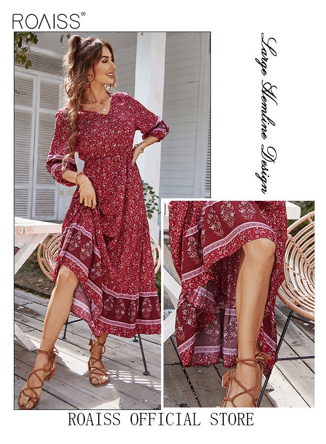 Ladies Dress A-Line Long Sleeves Big Hem Floral Pattern Bohemian Style