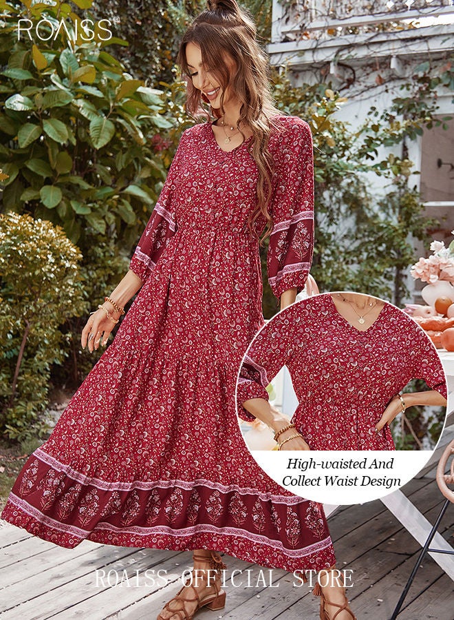 Ladies Dress A-Line Long Sleeves Big Hem Floral Pattern Bohemian Style