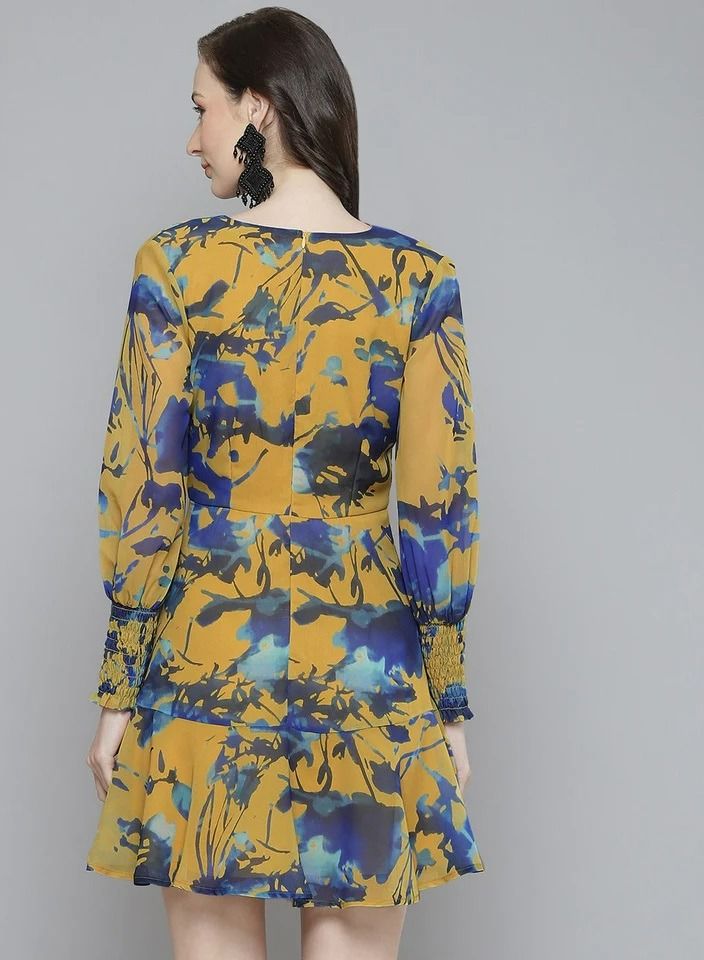 Mustard & Blue Floral Front Knot Short Dress
