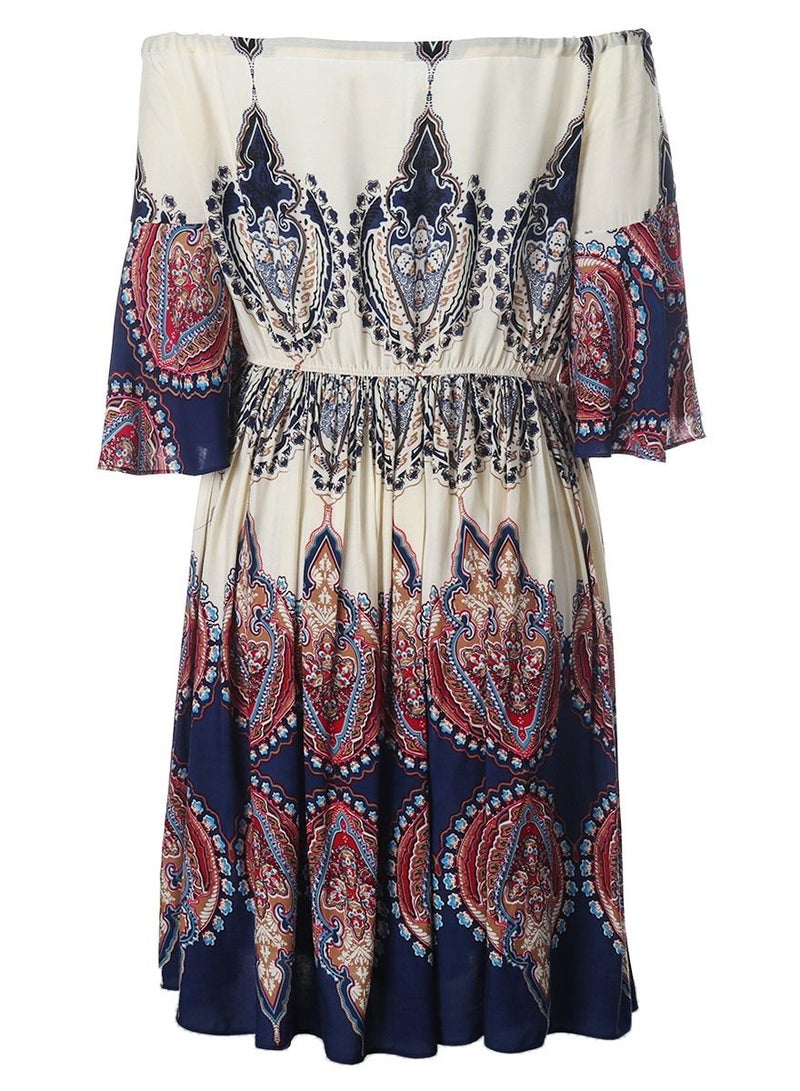 Women's Off Shoulder Flared Sleeve Printed Dress