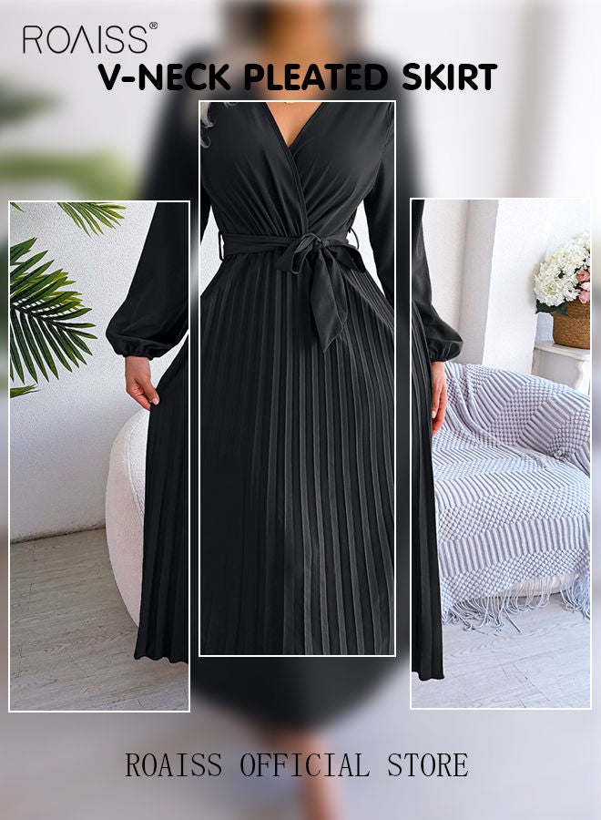 Ladies Dress A-Line Long Sleeve High Waist Solid Color Dress Large Hem Pleated Dress