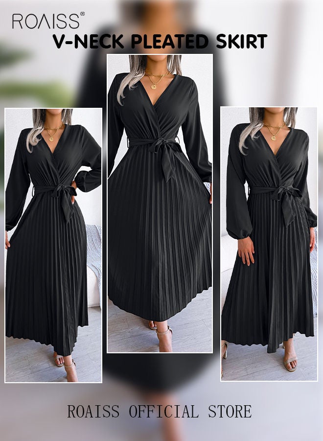 Ladies Dress A-Line Long Sleeve High Waist Solid Color Dress Large Hem Pleated Dress