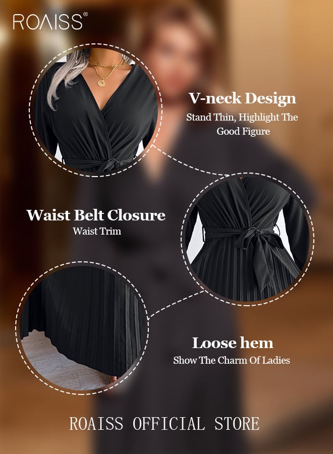 Ladies Dress A-Line Long Sleeve High Waist Solid Color Dress Large Hem Pleated Dress