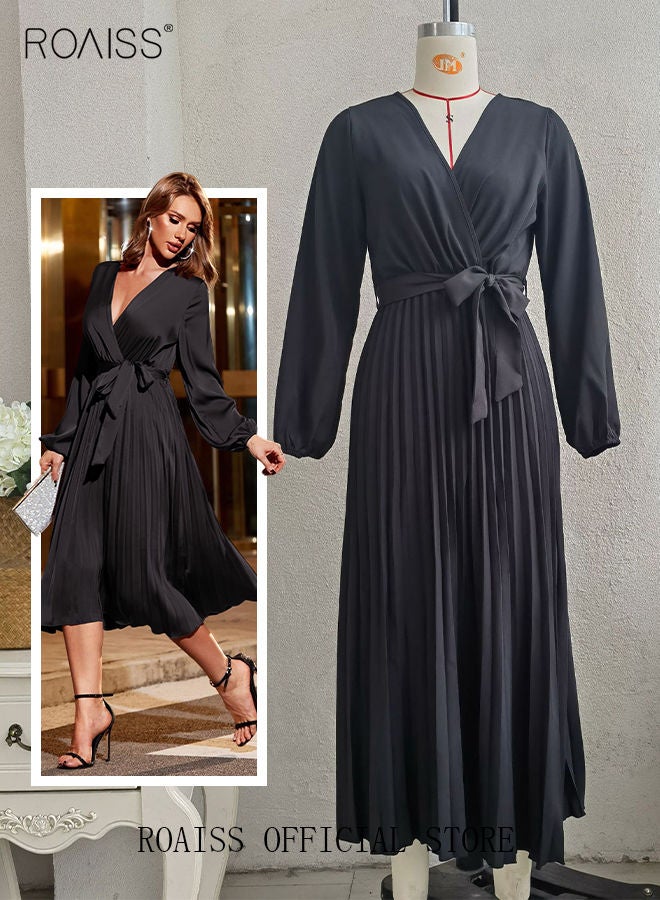 Ladies Dress A-Line Long Sleeve High Waist Solid Color Dress Large Hem Pleated Dress