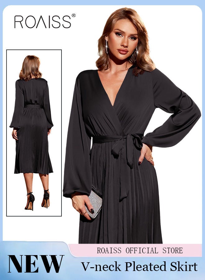 Ladies Dress A-Line Long Sleeve High Waist Solid Color Dress Large Hem Pleated Dress