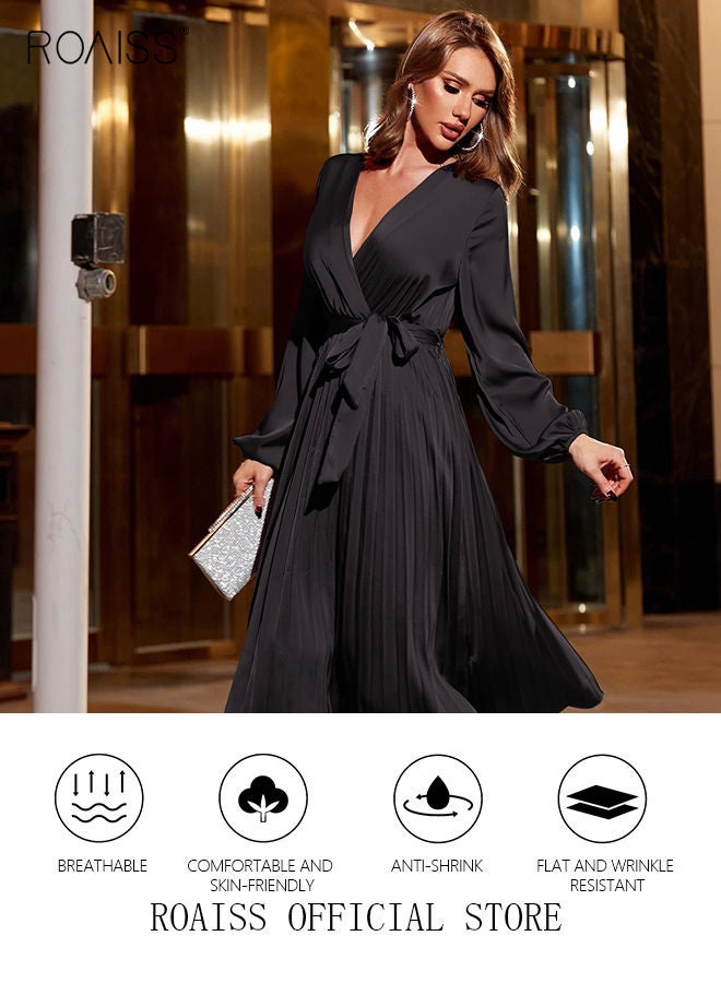 Ladies Dress A-Line Long Sleeve High Waist Solid Color Dress Large Hem Pleated Dress