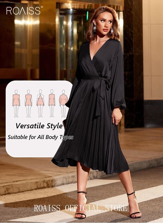 Ladies Dress A-Line Long Sleeve High Waist Solid Color Dress Large Hem Pleated Dress
