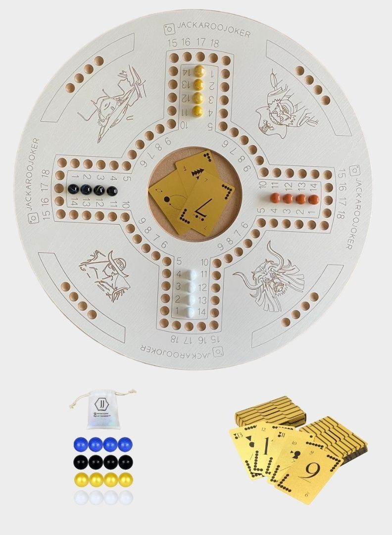 Jackaroo Joker Jakaroo for 4 players with Gold plastic playing cards and Marbles