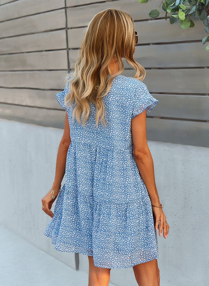 Loose Print New Dress Floaty Skirt Blue