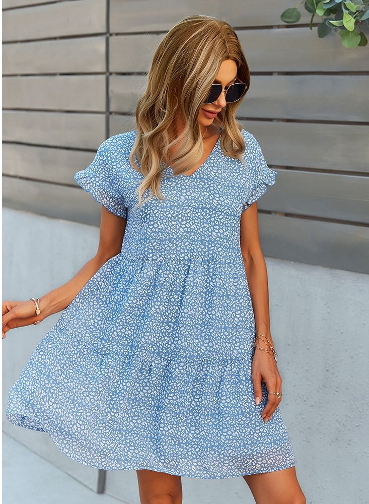 Loose Print New Dress Floaty Skirt Blue