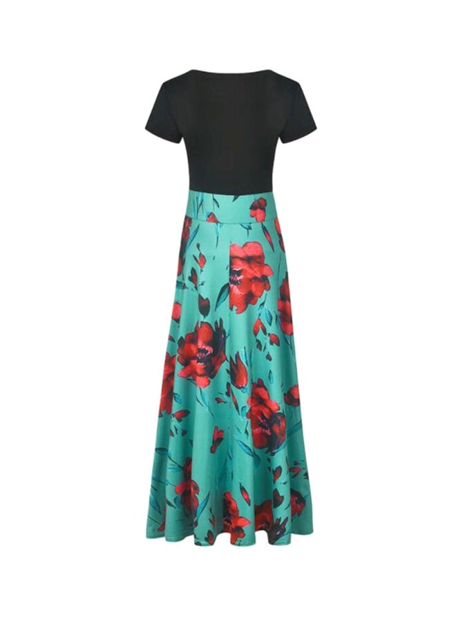 Flower Printed Short Sleeve Maxi Dress Green/Black/Red