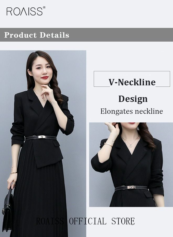 Women's Vintage Blazer Dress Women Elegant Office Dress with Belt Long Women V-Neck A-Line Dress Women Gorgeous Long Sleeve