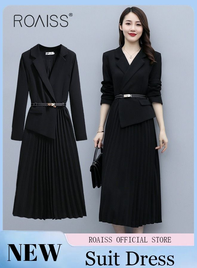 Women's Vintage Blazer Dress Women Elegant Office Dress with Belt Long Women V-Neck A-Line Dress Women Gorgeous Long Sleeve