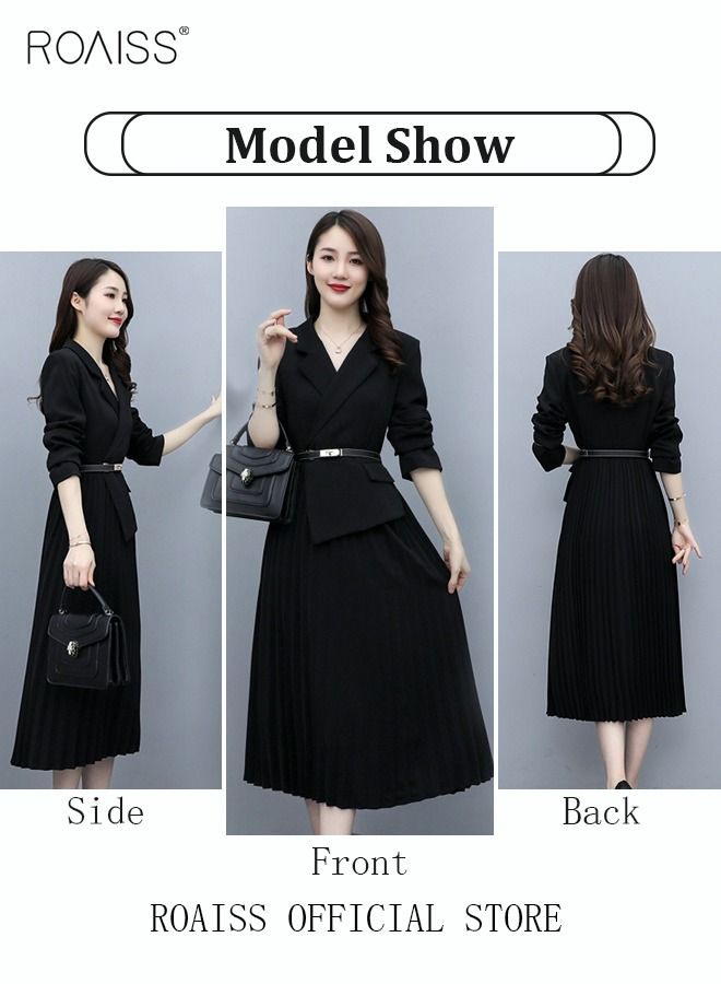 Women's Vintage Blazer Dress Women Elegant Office Dress with Belt Long Women V-Neck A-Line Dress Women Gorgeous Long Sleeve