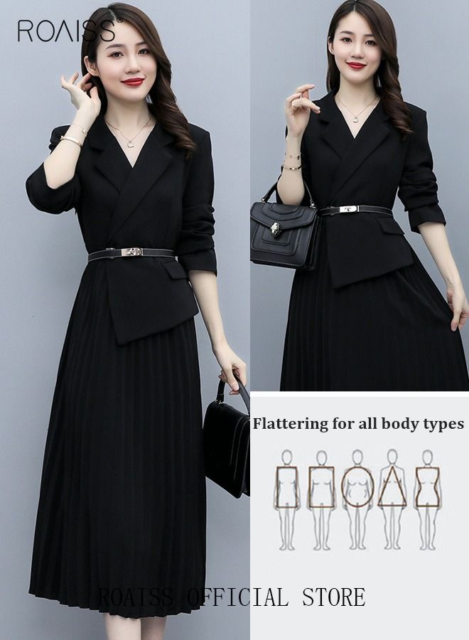 Women's Vintage Blazer Dress Women Elegant Office Dress with Belt Long Women V-Neck A-Line Dress Women Gorgeous Long Sleeve