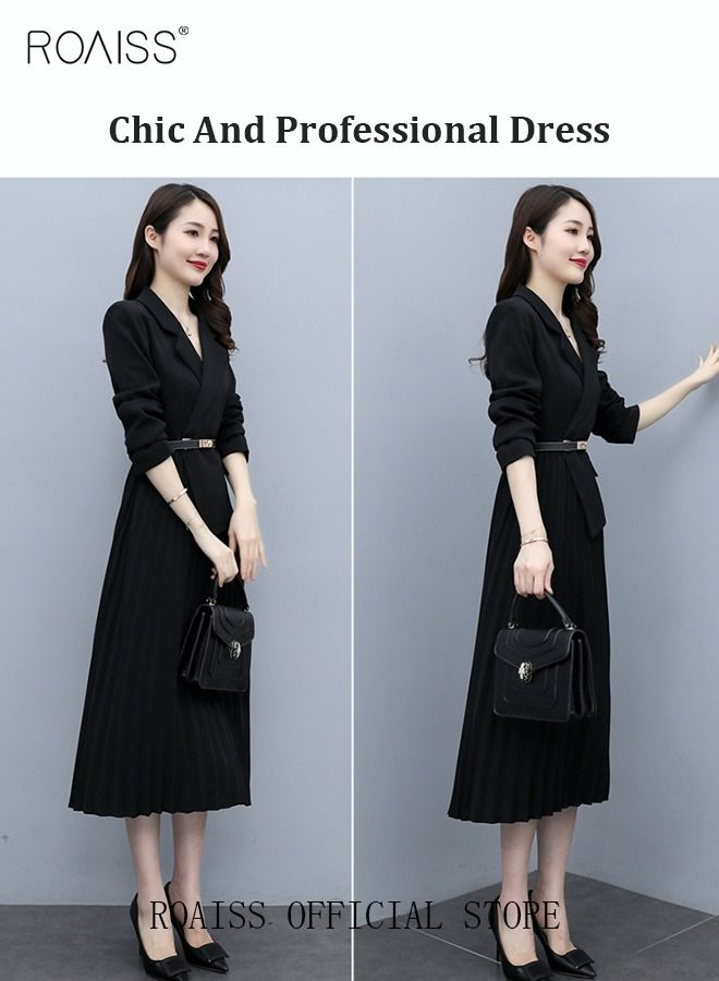 Women's Vintage Blazer Dress Women Elegant Office Dress with Belt Long Women V-Neck A-Line Dress Women Gorgeous Long Sleeve