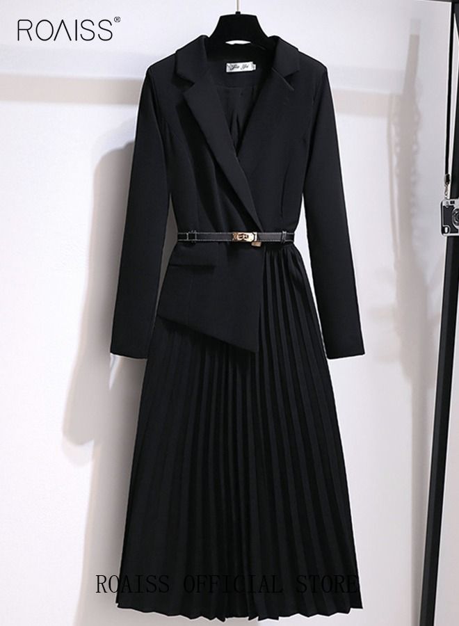 Women's Vintage Blazer Dress Women Elegant Office Dress with Belt Long Women V-Neck A-Line Dress Women Gorgeous Long Sleeve
