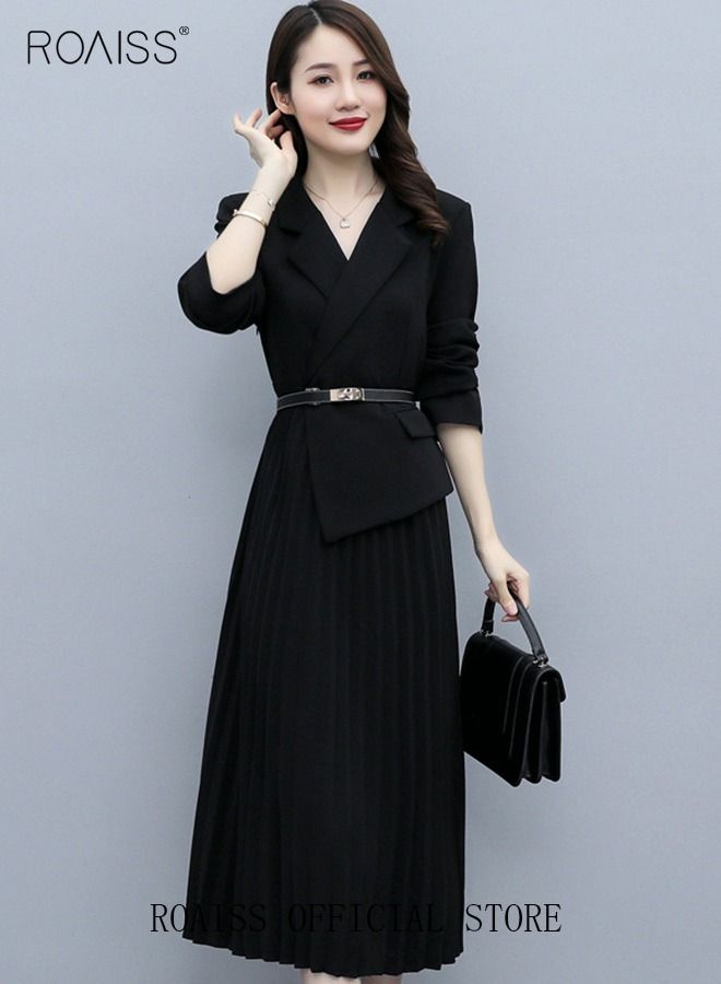 Women's Vintage Blazer Dress Women Elegant Office Dress with Belt Long Women V-Neck A-Line Dress Women Gorgeous Long Sleeve