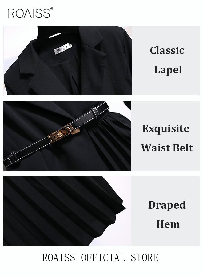 Women's Vintage Blazer Dress Women Elegant Office Dress with Belt Long Women V-Neck A-Line Dress Women Gorgeous Long Sleeve