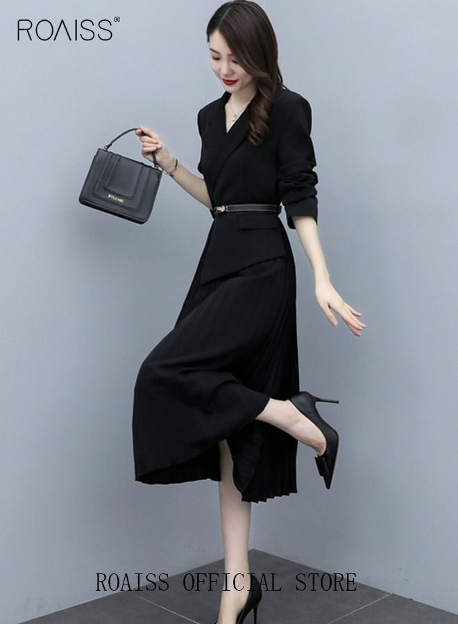 Women's Vintage Blazer Dress Women Elegant Office Dress with Belt Long Women V-Neck A-Line Dress Women Gorgeous Long Sleeve