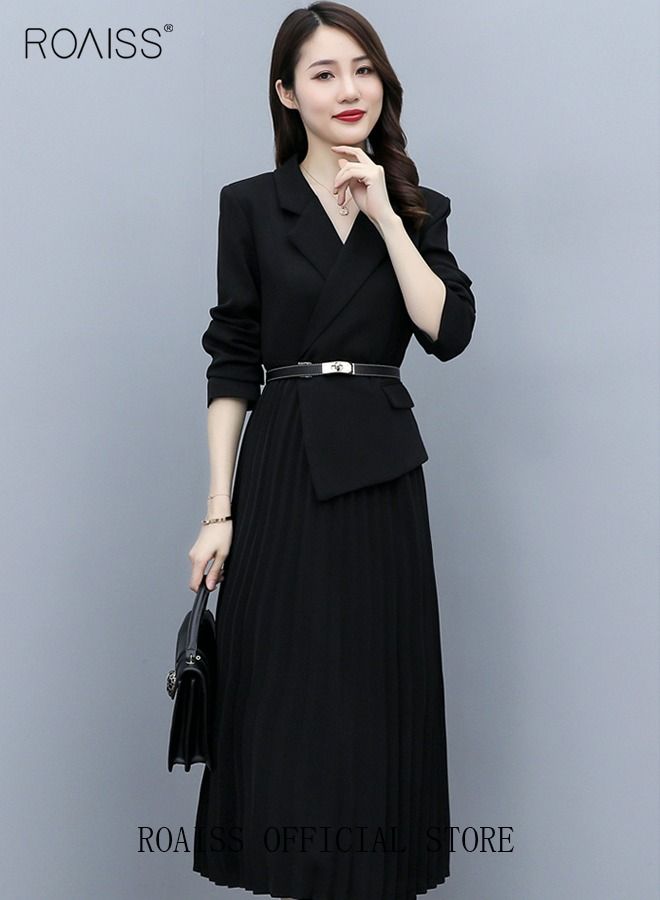Women's Vintage Blazer Dress Women Elegant Office Dress with Belt Long Women V-Neck A-Line Dress Women Gorgeous Long Sleeve