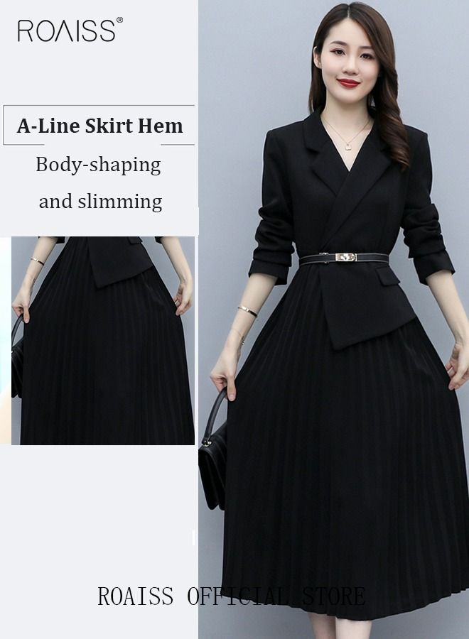 Women's Vintage Blazer Dress Women Elegant Office Dress with Belt Long Women V-Neck A-Line Dress Women Gorgeous Long Sleeve