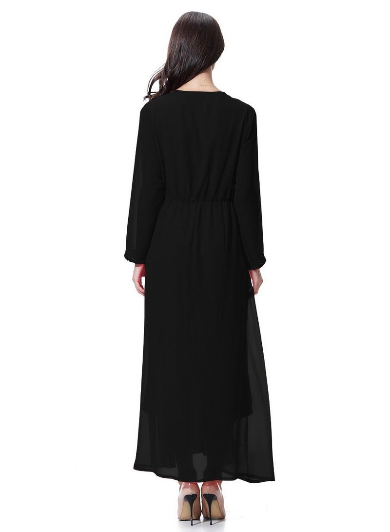 Women's Solid Color Long Sleeve Maxi Long Chiffon Dress Robe Black