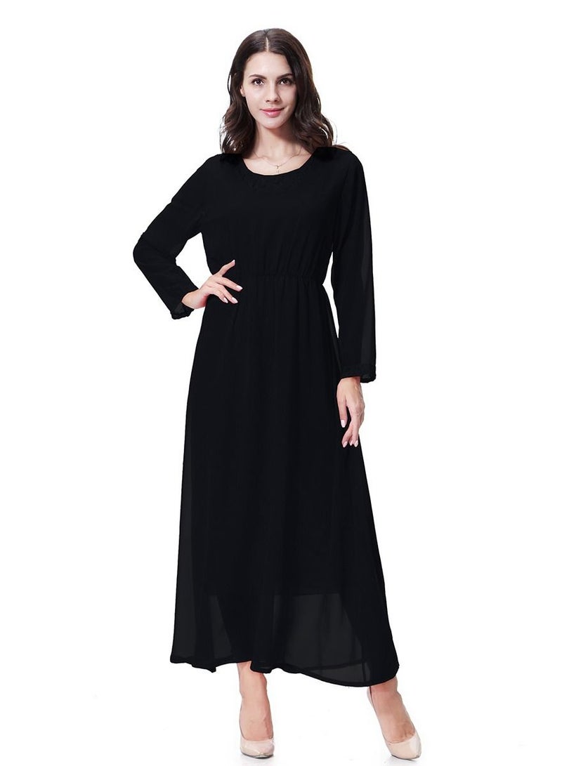Women's Solid Color Long Sleeve Maxi Long Chiffon Dress Robe Black