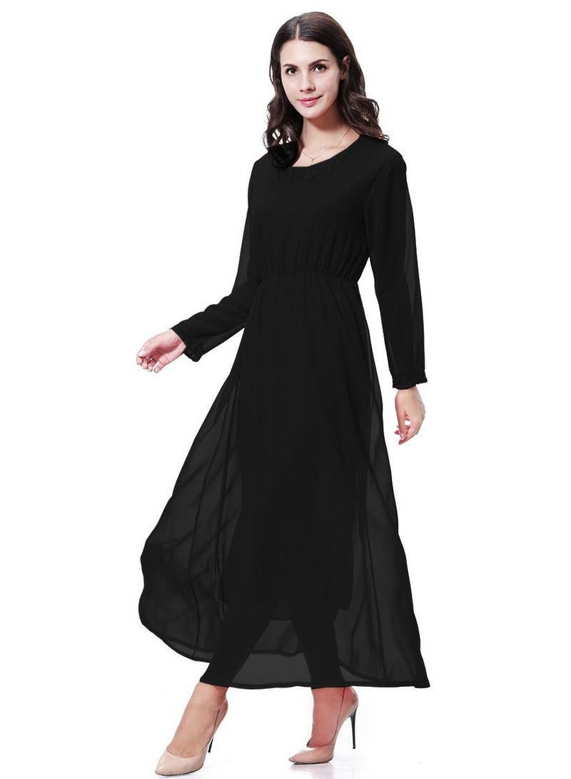 Women's Solid Color Long Sleeve Maxi Long Chiffon Dress Robe Black