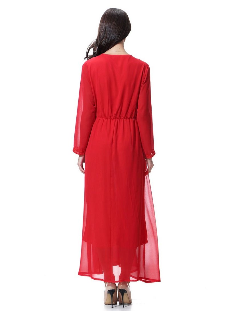 Women's Solid Color Long Sleeve Maxi Long Chiffon Dress Robe Red