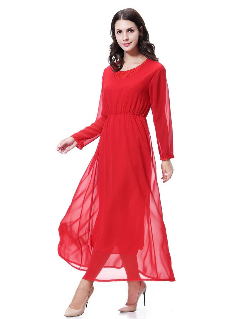 Women's Solid Color Long Sleeve Maxi Long Chiffon Dress Robe Red