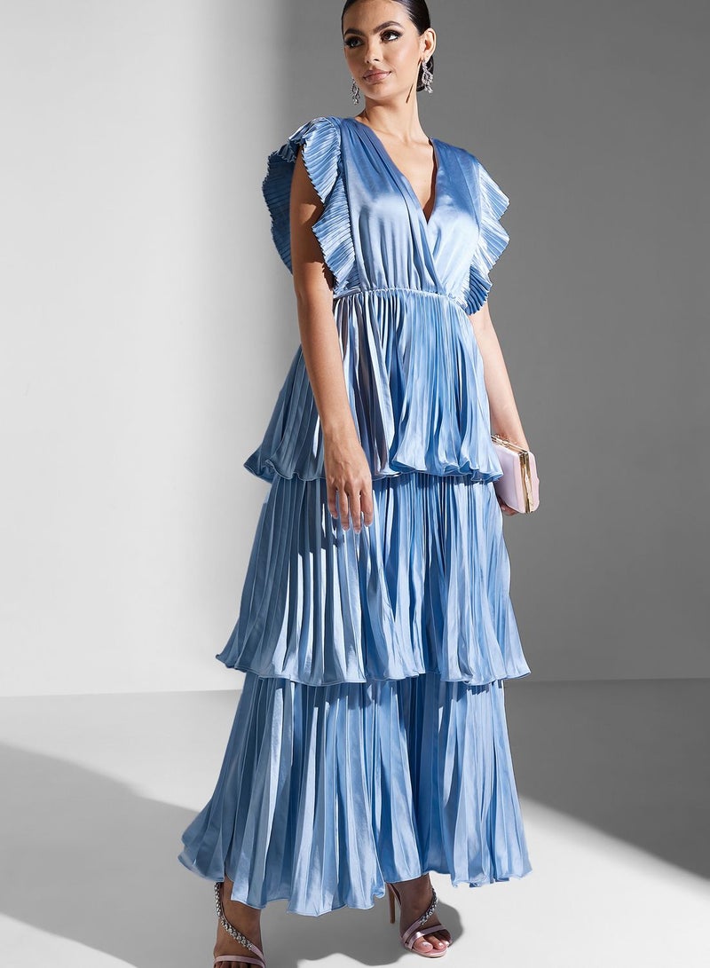 Plunge Neck Pleated Tiered Maxi Dress