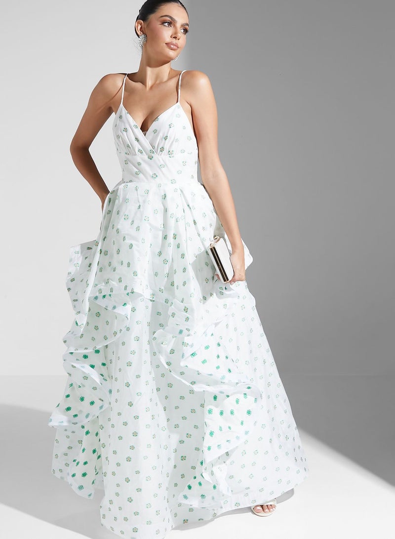 Floral Organza Layered Ruffle Maxi Dress