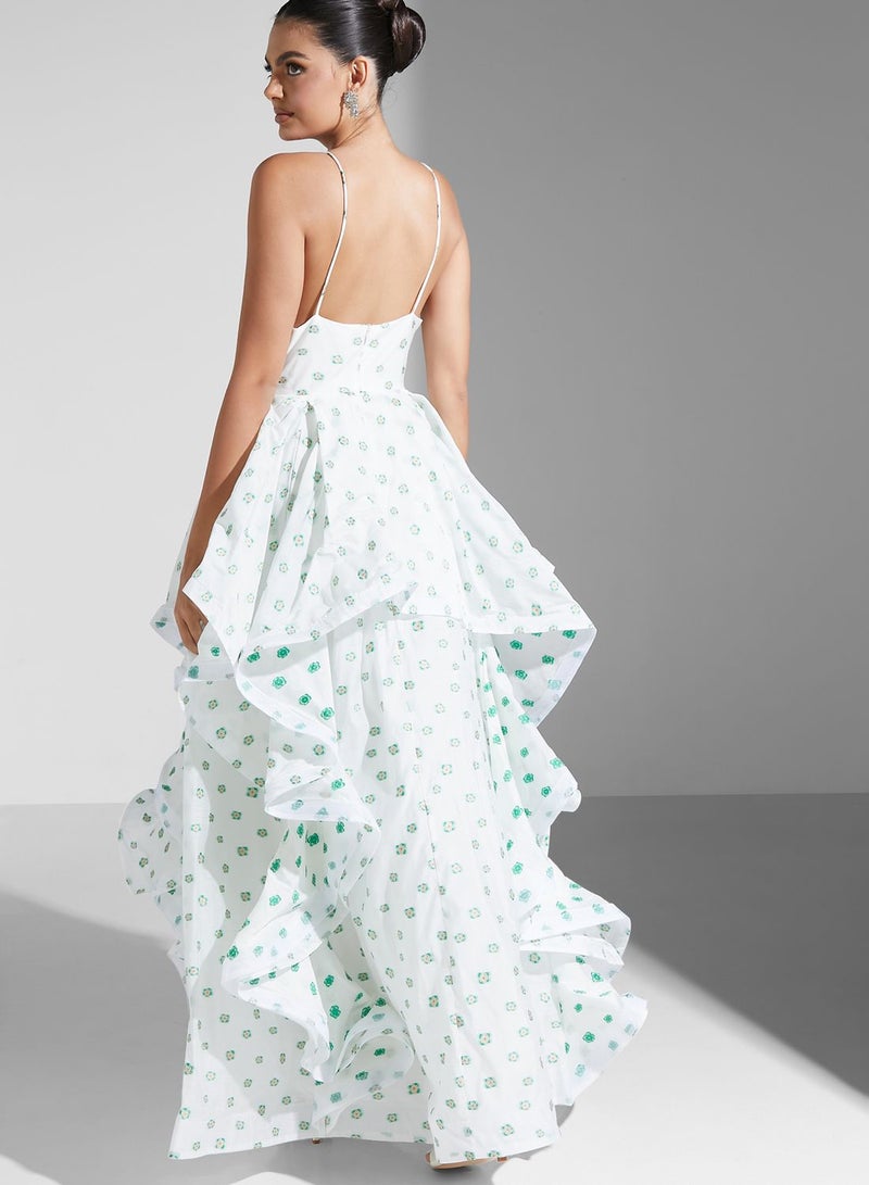 Floral Organza Layered Ruffle Maxi Dress