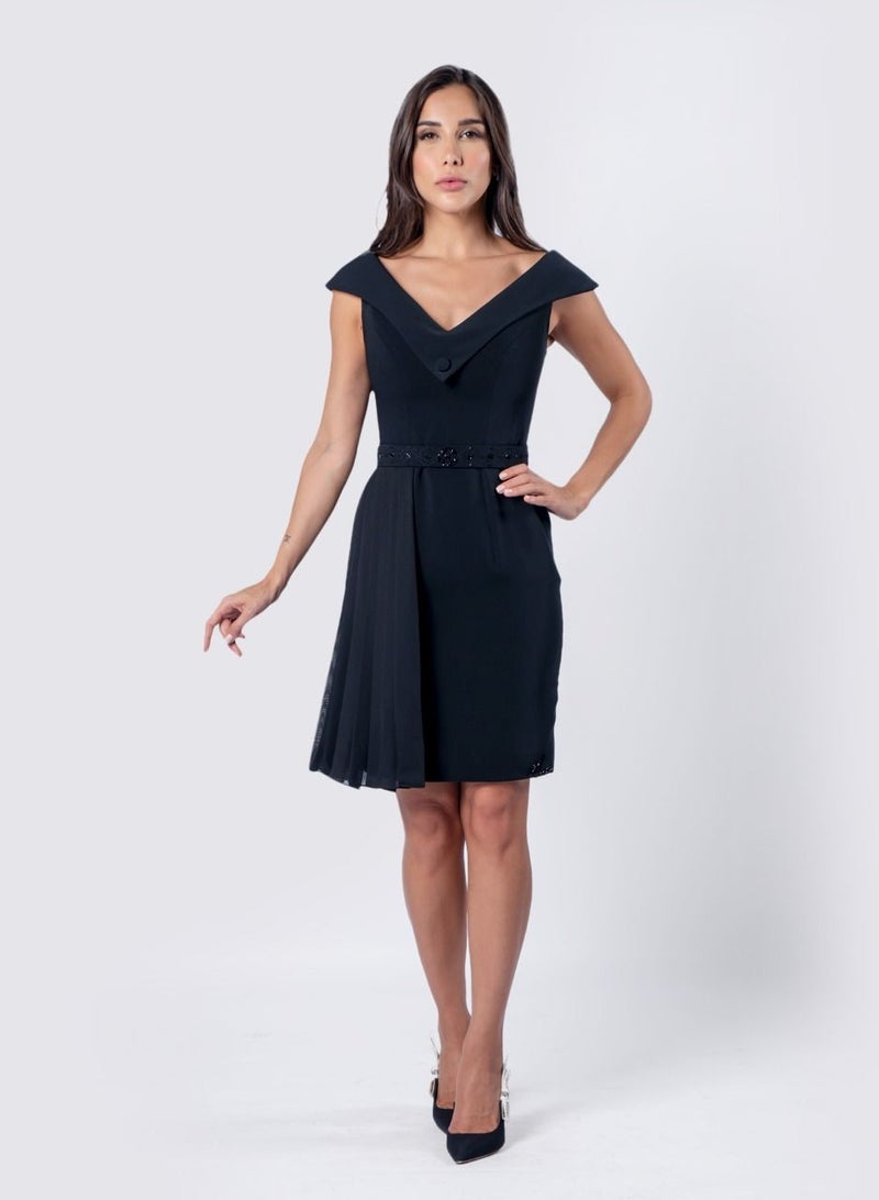 Pleated Panel V Neck Torso Dress