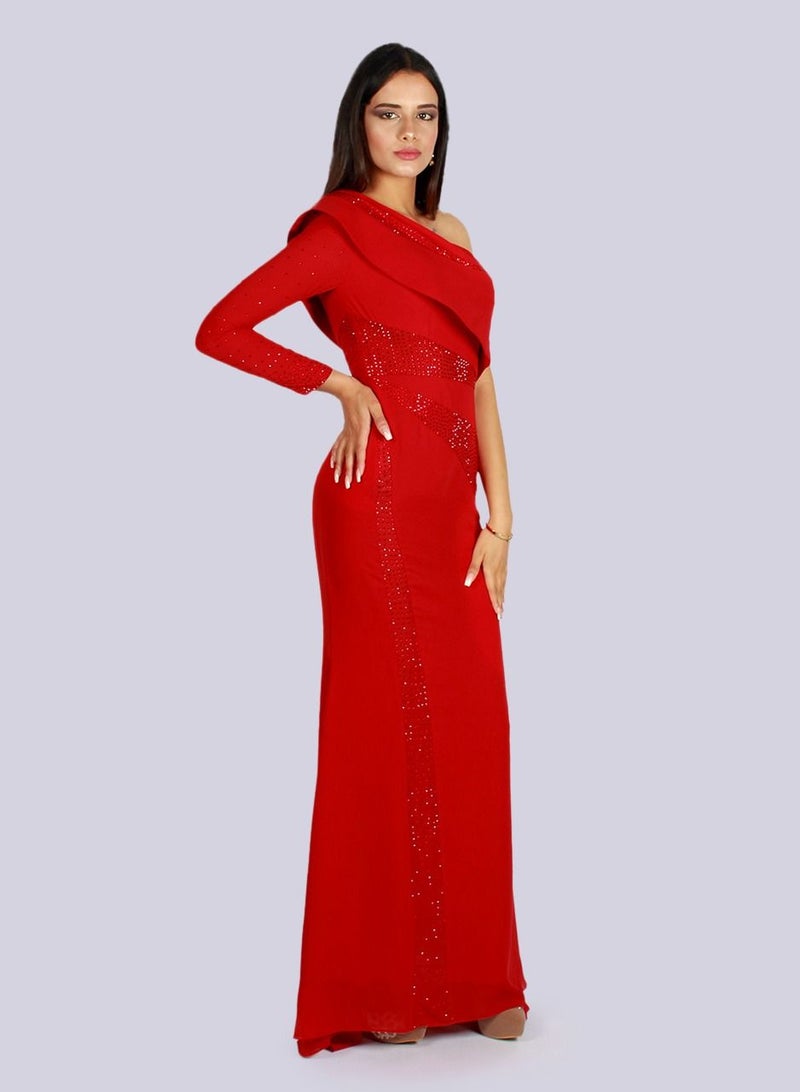 Spellbound Crystal Power Shoulder Asymmetric Gown