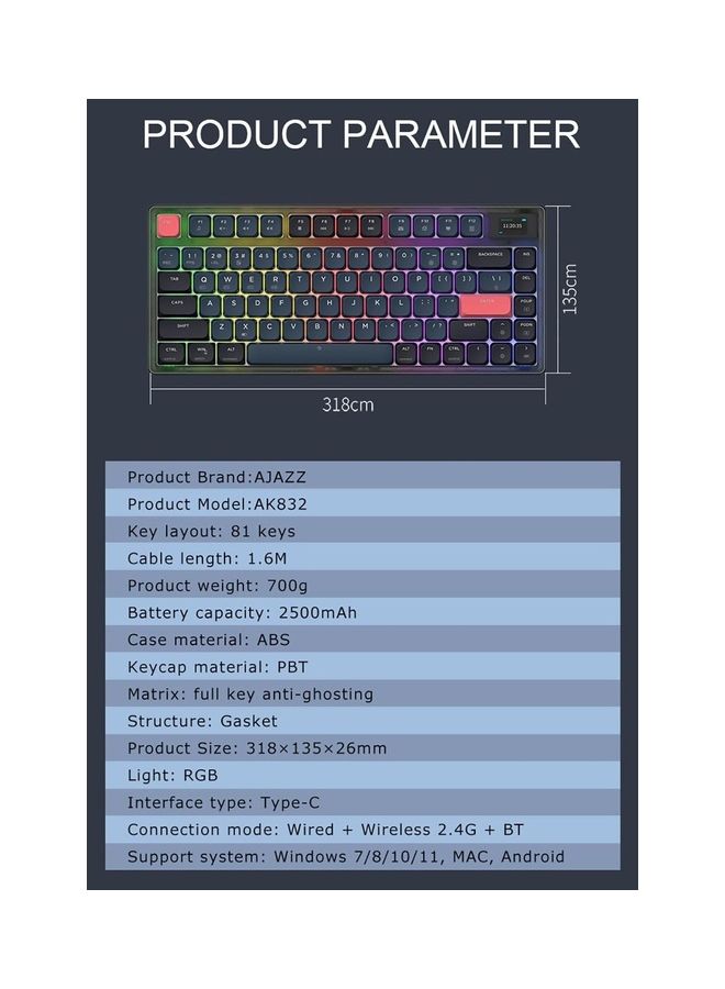 75% Gasket-mounted Bluetooth 5.1/2.4G Wireless & Type-C Wired Low-profile RGB Keyboard with LED Screen(Blue Switch)