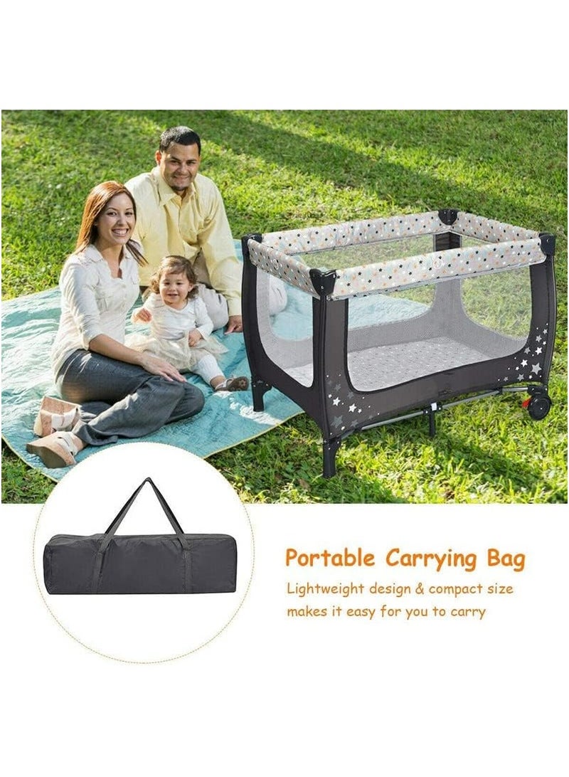 2 In 1 Baby Crib, Portable Playard, Foldable Travel Bed Playpen, Travel Crib Nursery Center for Infant with Comfortable Mattress and Carry Bag