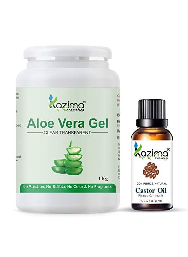 Combo of Aloe Vera Gel 1Kg & Castor Carrier Oil 15ml 100% Pure & l for Skin Face Acne Scars Hair Moisturizer & Dark Circles (Combo of 2)