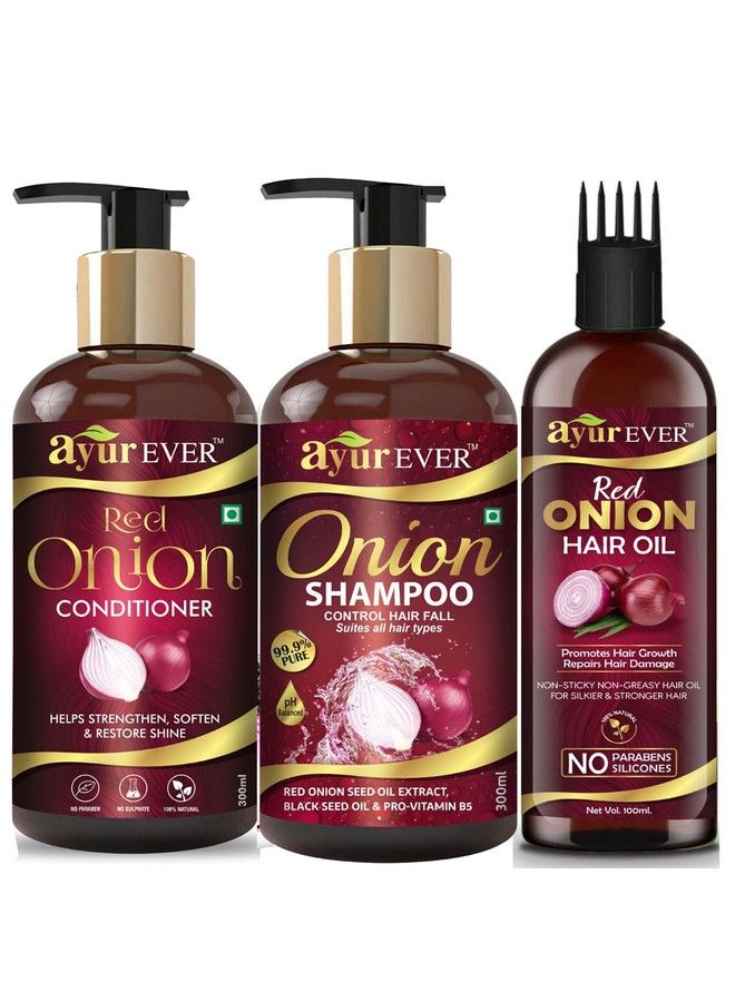 Red Onion Oil With Hair Applicator (100 Ml) + Onion Hair Conditioner (300Ml) + Red Onion Shampoo (300 Ml) Complete Combo