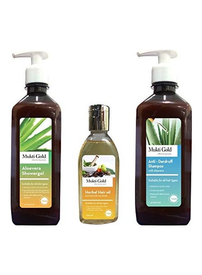 3-Piece Anti Dandruff Shampoo, Hair Oil And Aloe Vera Shower Gel Set Black/Clear 850ml