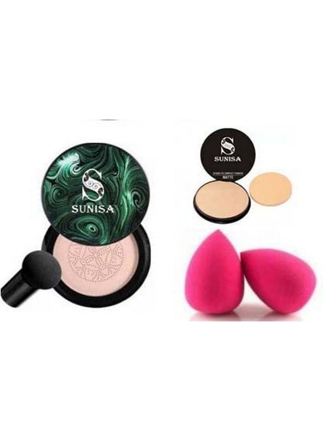Bb And Cc Cream Foundation With Mushroom Head Air Cushion 20G And 1 Studio Fix Compact Powder With 2 Pink Beauty Blenders (Pack Of 5)